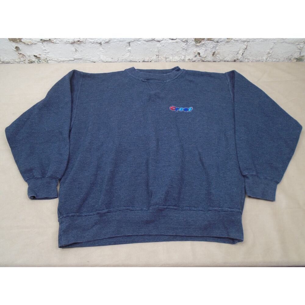 Vintage 90s Crest Toothpaste Sweatshirt Waffle Knit Blue Embroidered Size Large